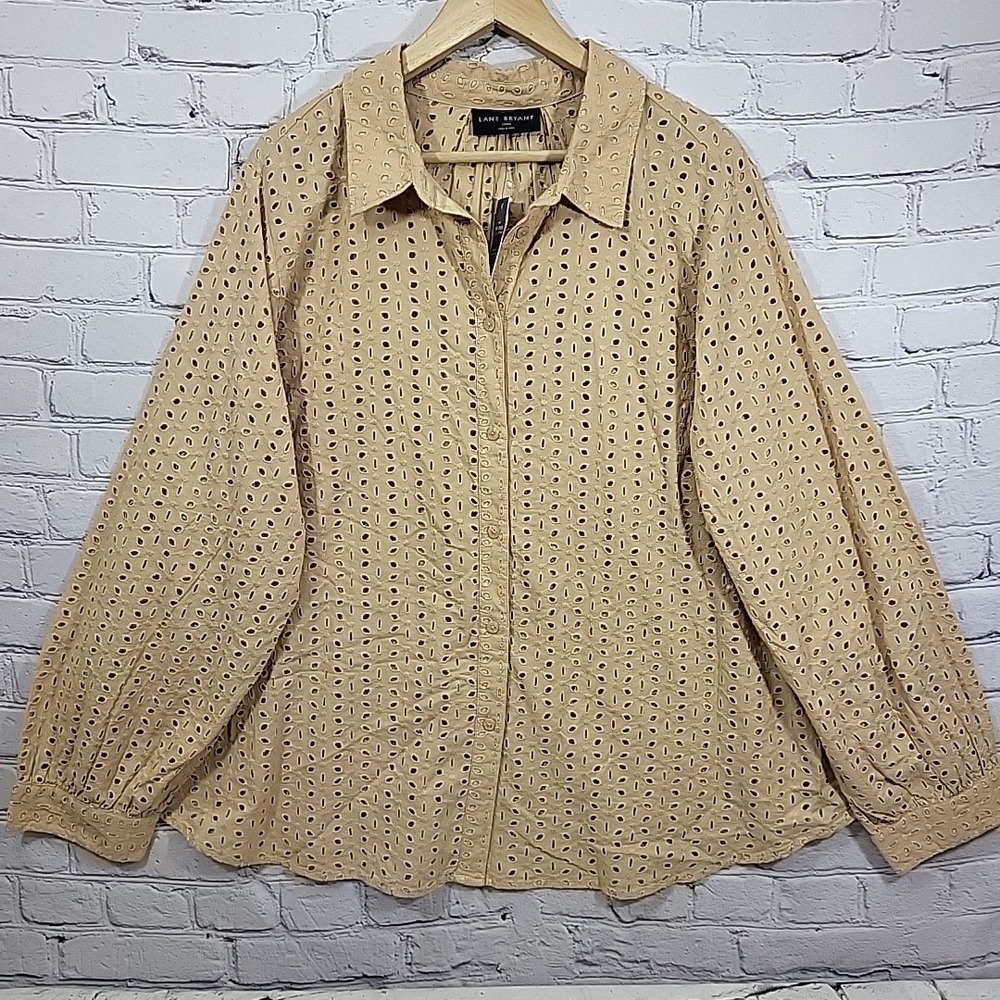 Lane Bryant Eyelet Blouse Womens Plus‎ 26/28 Tan Button Front No Peek Shirt New